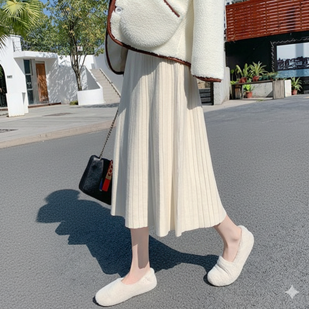 ニットスカート プリーツデザインニットロングスカート