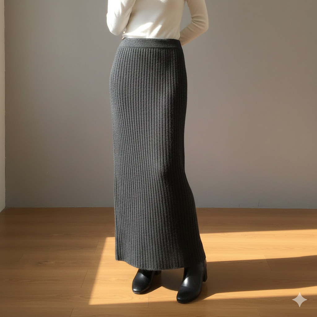 ニットスカート リブ編みニットロングスカート