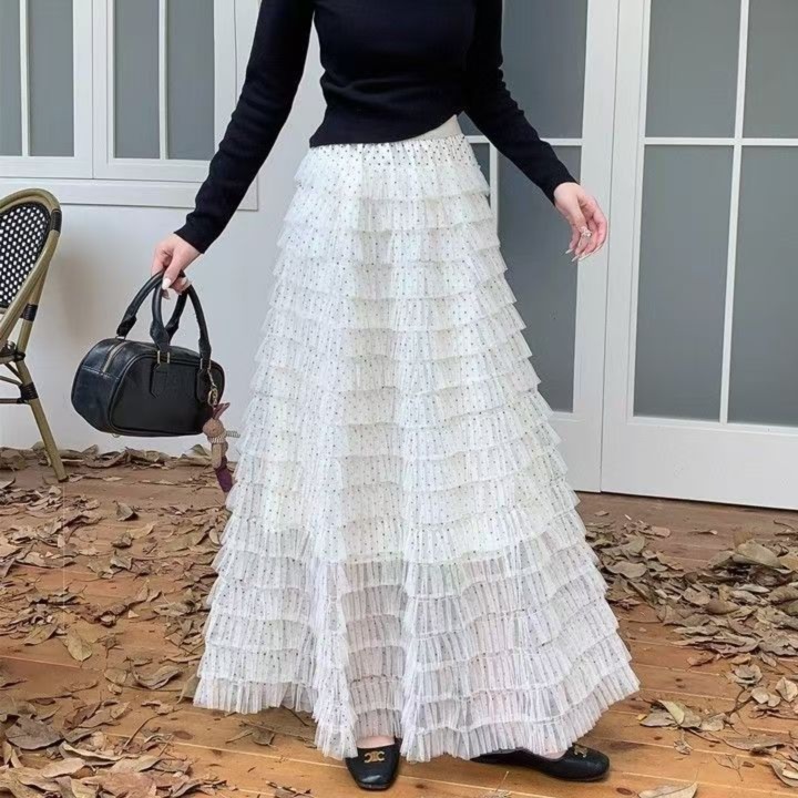華やかフリンジ段々ティアードロングスカート