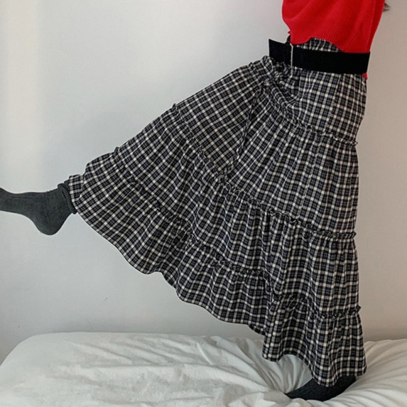 チェック柄ティアードロングスカート