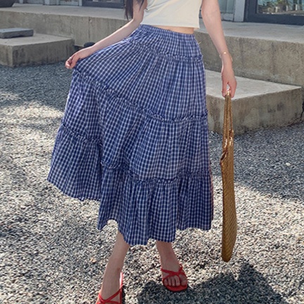 ギンガムチェック柄ティアードロングスカート