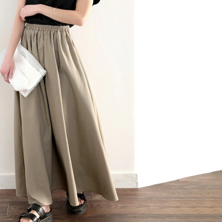 オフィスカジュアル用ロングスカート ウエストゴムフレアギャザースカート