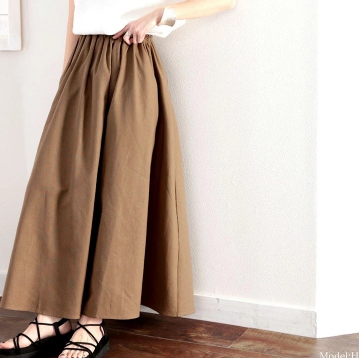オフィスカジュアル用ロングスカート ウエストゴムフレアギャザースカート