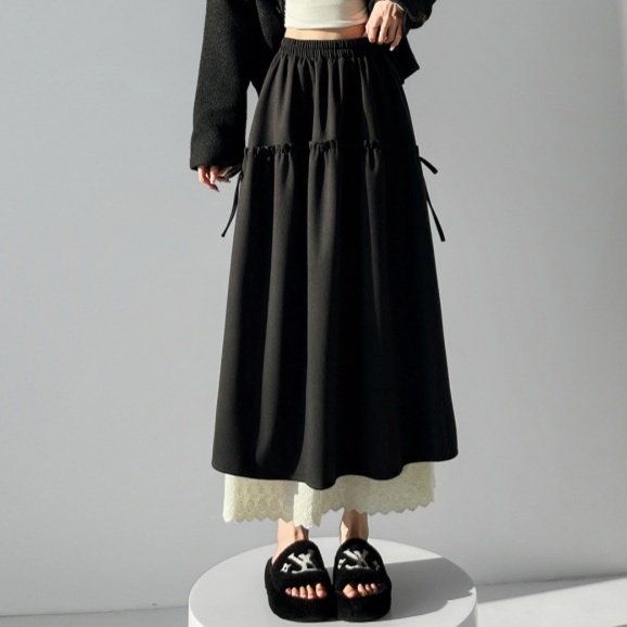 オフィスカジュアル用ロングスカート ドロストリボン付きティアードギャザースカート
