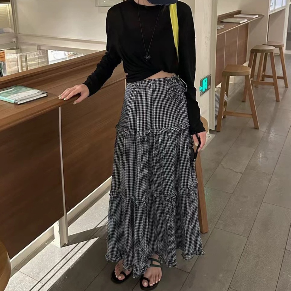春夏新作 レディース ティアードスカート 韓国風 チェック柄 フリル ロングスカート ウエストゴム 大人可愛い