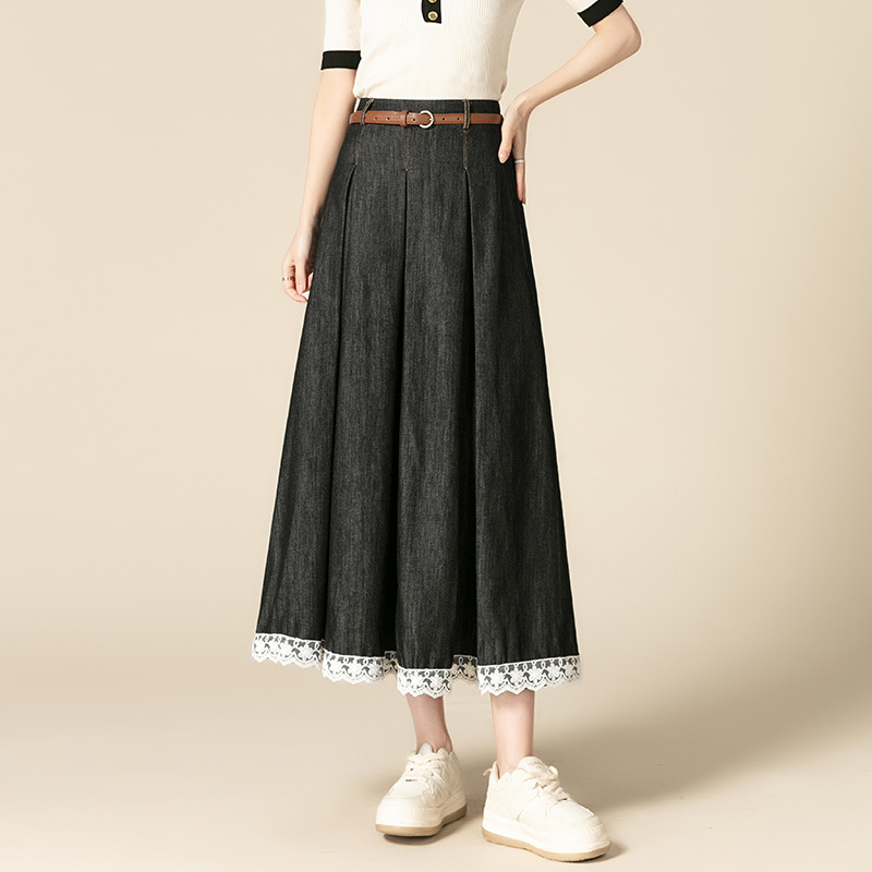オフィスカジュアル用ロングスカート 裾レース使いデニム調ギャザースカート