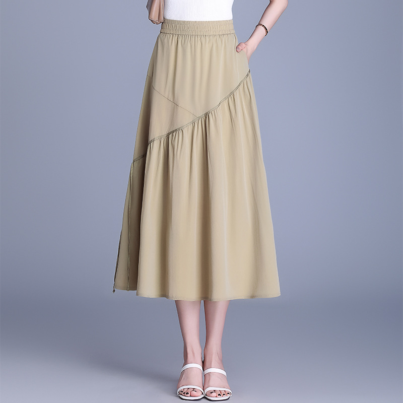 オフィスカジュアル用ロングスカート 斜め切替ティアード仕様ギャザーロングスカート