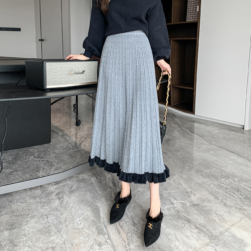 ロングスカート ケーブル編みプリーツニットスカート