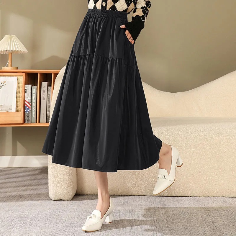 オフィスカジュアル用ロングスカート ティアード切替えゆったりシルエットギャザースカート