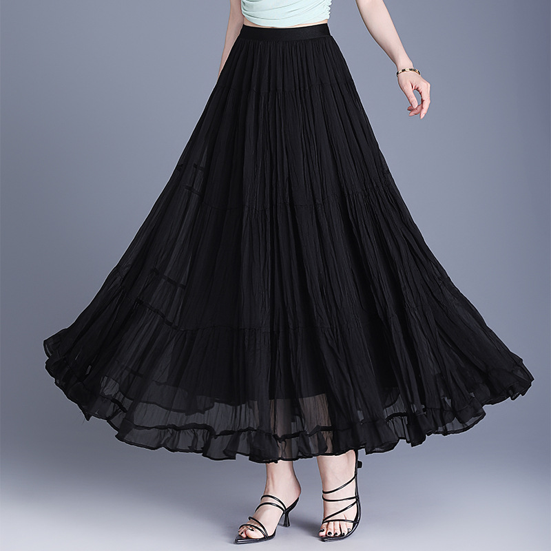 ロングスカート ティアードフリル付き軽やか揺れるシフォンスカート