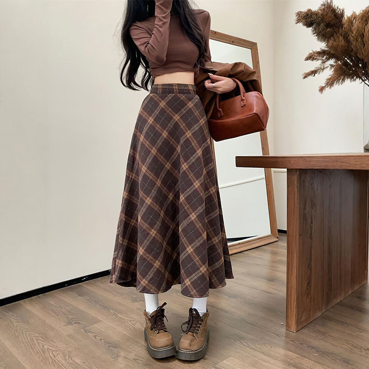ロングスカート チェック柄ミディ丈フレアスカート