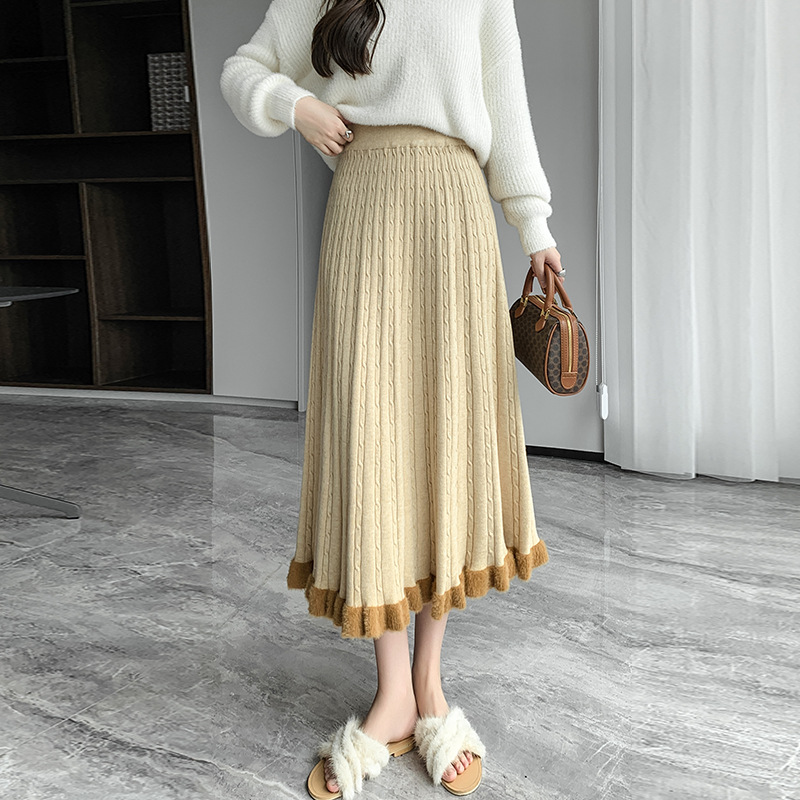 ロングスカート ケーブル編みプリーツニットスカート