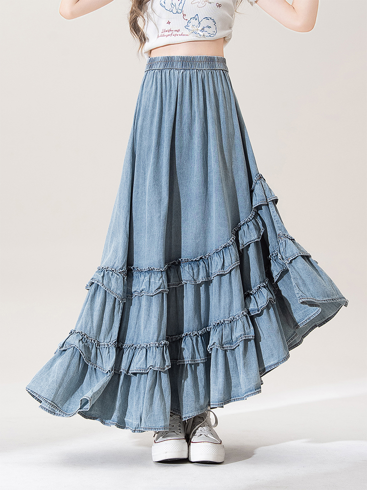 ロングスカート ティアードフリル デニム マキシスカート