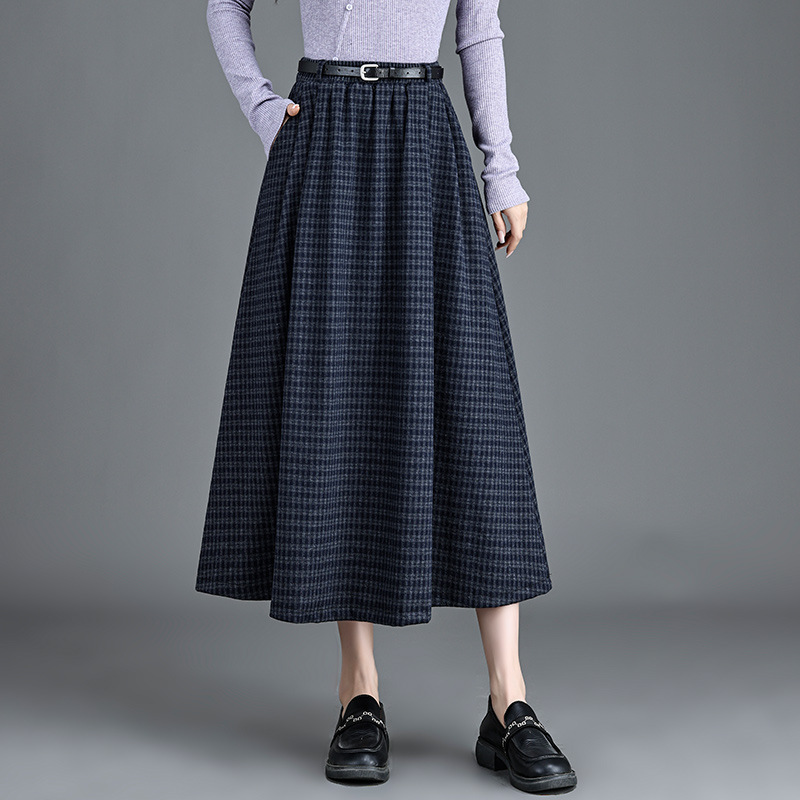 オフィスカジュアル用ロングスカート 千鳥格子柄ベルト付きフレアギャザースカート