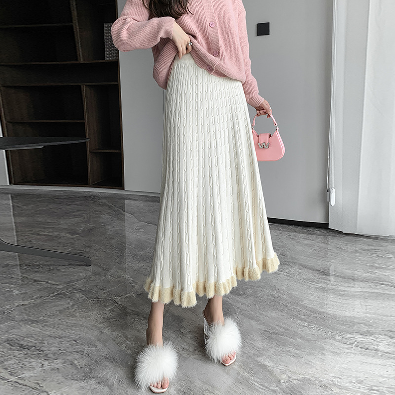 ロングスカート ケーブル編みプリーツニットスカート