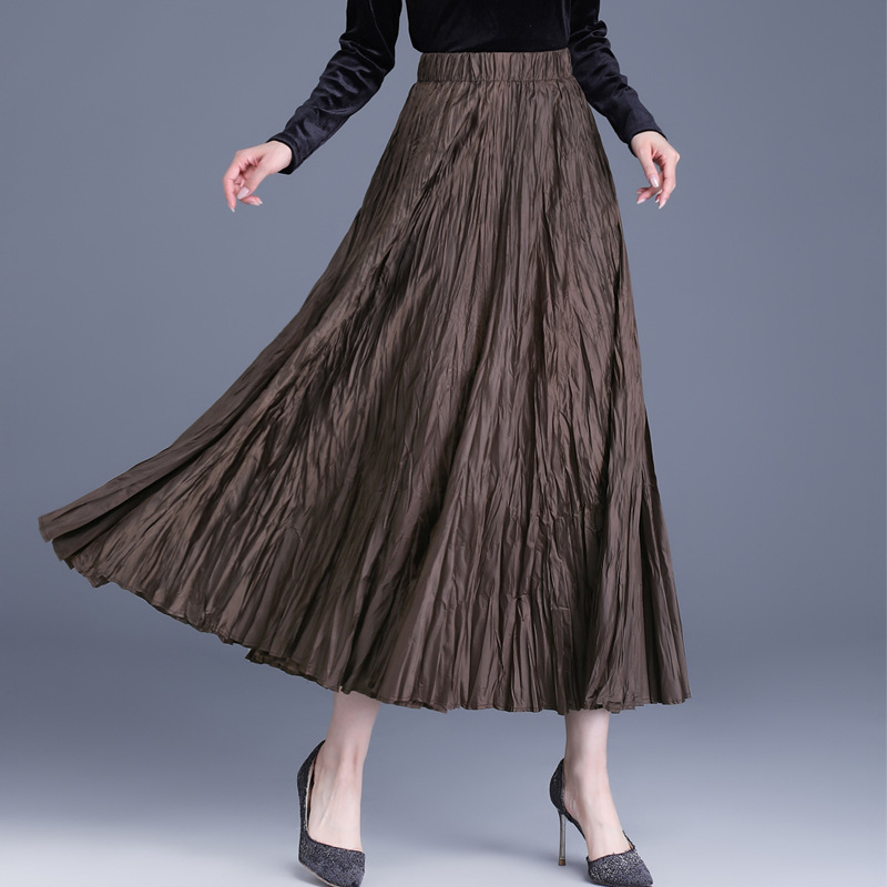 オフィスカジュアル用ロングスカート 上品なクラッシュプリーツ加工ギャザースカート
