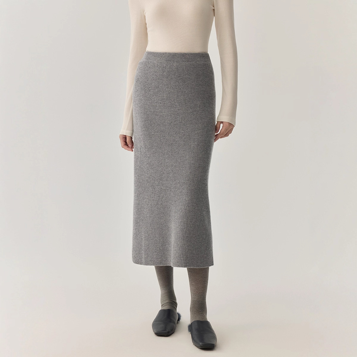 ロングスカート リブ編みニット ミディ丈スリット入りスカート