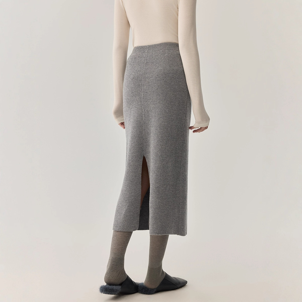 ロングスカート リブ編みニット ミディ丈スリット入りスカート