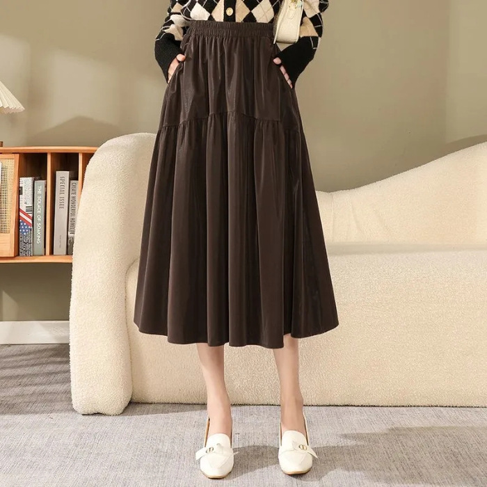 オフィスカジュアル用ロングスカート ティアード切替えゆったりシルエットギャザースカート
