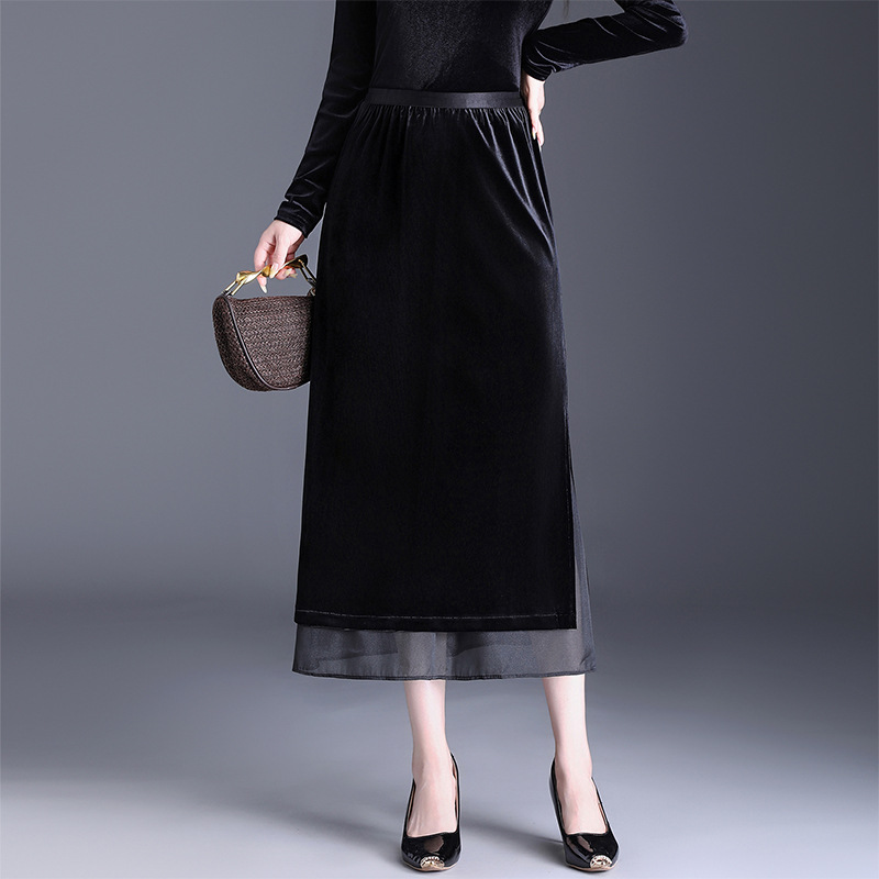 オフィスカジュアル用ロングスカート 上品ベロア素材二重仕立てギャザースカート
