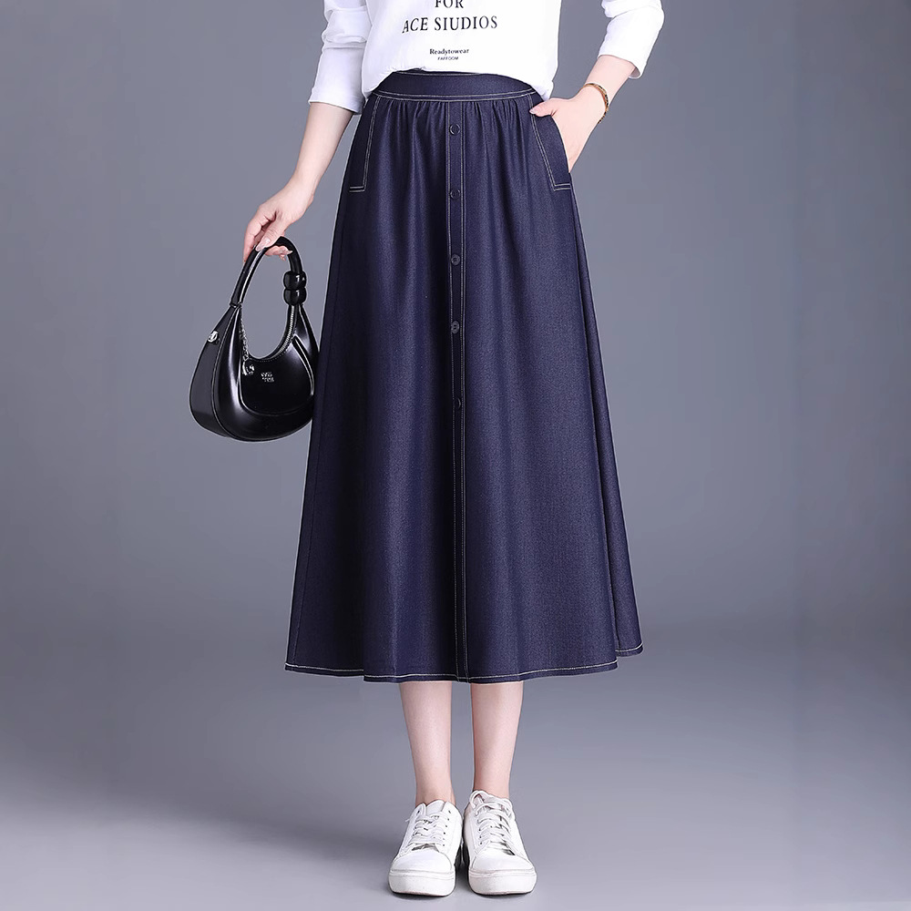 オフィスカジュアル用ロングスカート デニム風ボタンデザインギャザースカート
